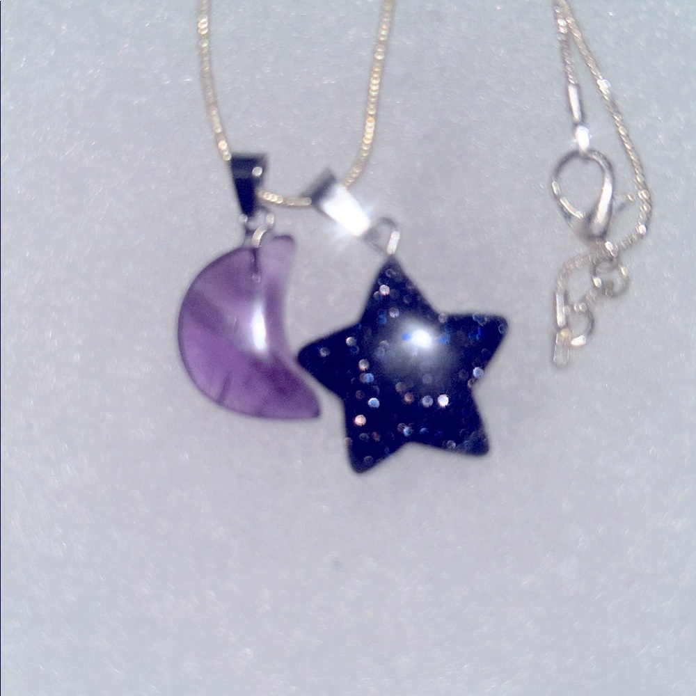 Blue Goldstone Crystal Star ⭐️ and Amethyst Moon 🌙 sterling silver neckl… - Picture 6 of 6